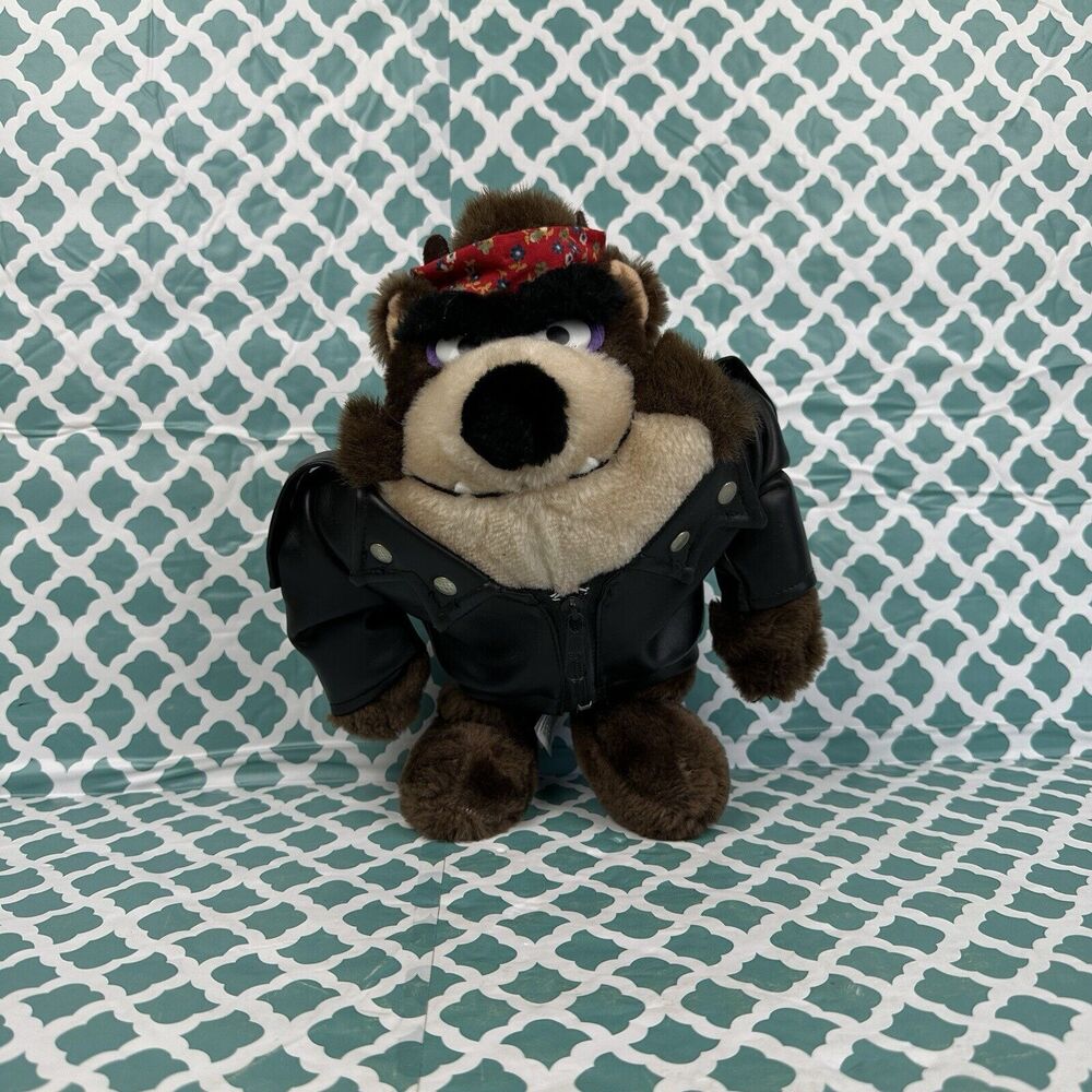 Vintage Tasmanian Devil Taz 9" Stuffed Plush Doll w/ Leather Biker Jacket 1993‎